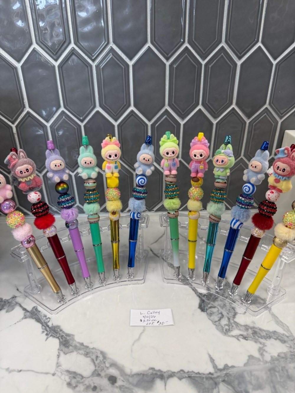 Whimsical Fuzzy Assorted Pastel Colored LaBubu beaded pens.